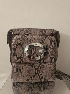 GUESS  Vintage Taupe Snake-Print Crossbody with Silver Logo Accent